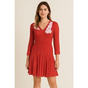 Scarlet Romance Polka Dot Ruched Drop Waist Floral applique Retro holiday Sz S/M